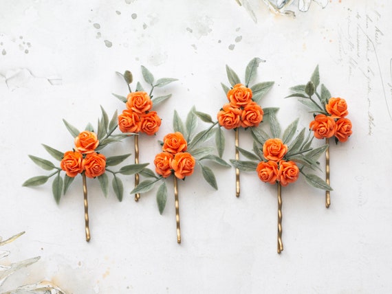 Orange Flower Hair Pins Small Rose Clips Wedding Hair Clips