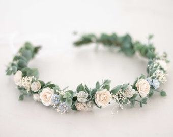 Blue off white flower crown for wedding, dried baby's breath halo, preserved floral crown, baby breath headband, dainty flower crown