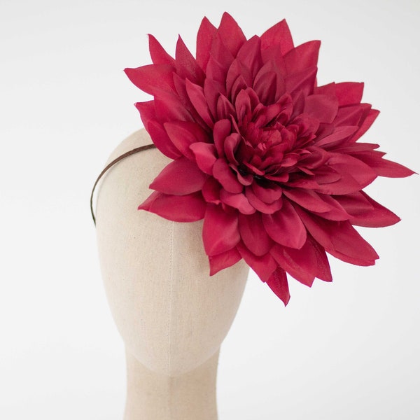 Wine red flower headband, extra large dahlia hairpiece, big flower headdress, oversized hat fascinator, big flower hair clip