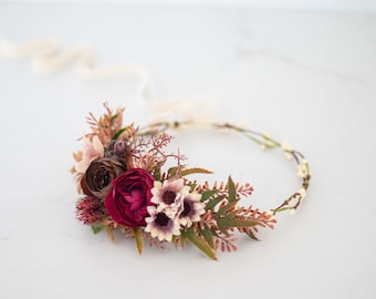 Brown burgundy flower crown, peony flower crown, bridal flower crown wreath, tie back flower crown