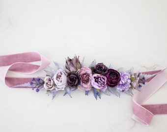 Purple flower belt for wedding dress, velvet flower belt for baby shower, floral belt for pregnancy, vintage bride bridal belt