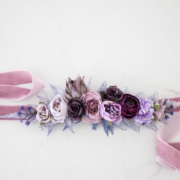 Purple flower belt for wedding dress, velvet flower belt for baby shower, floral belt for pregnancy, vintage bride bridal belt