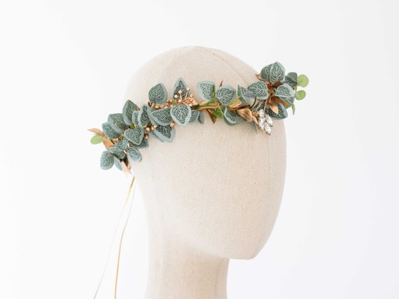 緑の金箔の王冠、エルフの花の冠、エルフのヘッドピース、葉の