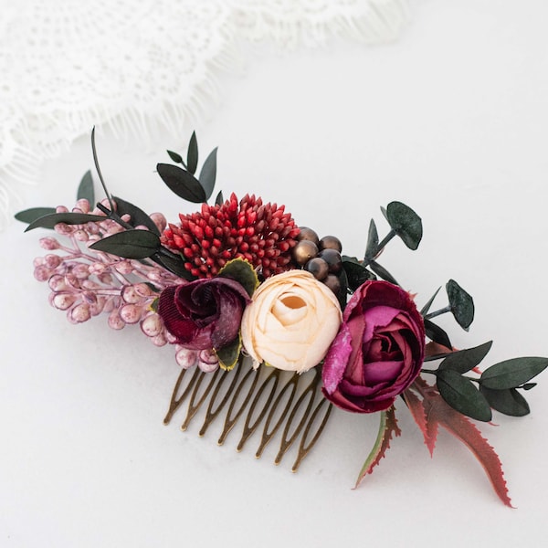 Burgundy peony flower comb wedding, eucalyptus flower hair comb, fall bridal comb, dark green flower comb, boho floral hair comb