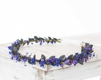 Royal blue dried flower crown, baby's breath flower crown wedding, dainty flower crown, dried babys breath headdress, eucalyptus wreath halo