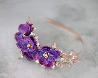 Purple Crystal Flower Headband: Rhinestone Bridal Hair  display picture 3