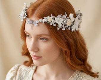 Dragonfly Fairy Crown: Silver & White Elven Queen Headpiece, Fantasy Wedding Tiara