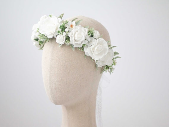 thumbnail image 2 of Trepveter Floral Crown, Adjustable Size Floral Headband Simulation Flower, Polyester Leaves And Flowers, Satin Ribbon, Boho Maternity Photo Props, Wedding Party Prom, White, 1 Count 2 of 14