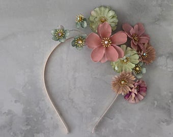 Sage & Dusty Rose Flower Headband: Whimsical Floral Fascinator Hairband