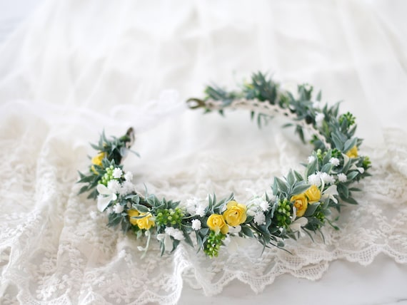 Yellow Flower Crown Wedding Baby Breath Crown Greenery Hair Etsy
