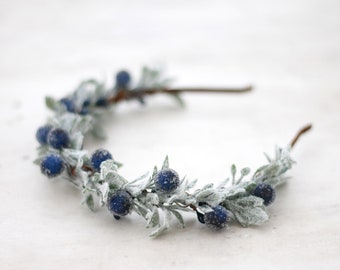Navy blue berry headband, pip berry flower crown, dusty miller floral crown, winter photo prop, winter wedding flower crown