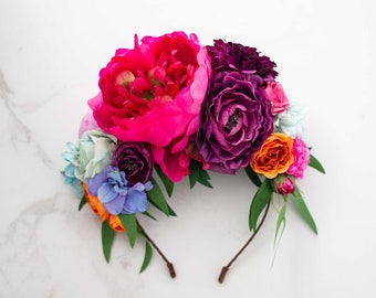 Colorful flower hairband, boho floral headband, bright flower headdress, Frida Kahlo headpiece, bachelorette party crown, vibrant flowers