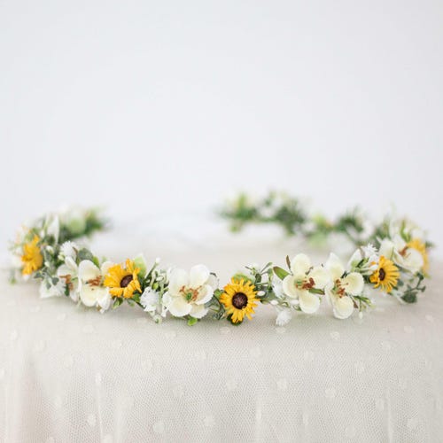 Corona de flores de girasol para boda: delicada corona bohemia para el cabello
