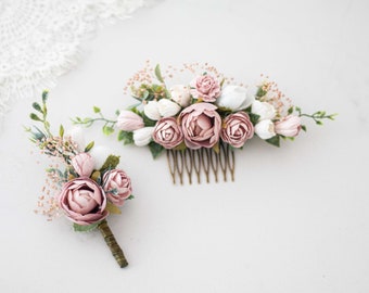 Dusty rose flower comb for wedding, peony bridal comb, mauve white flower hair comb, rustic floral headpiece, bohemian floral comb