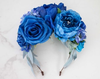 Royal blue flower headband, Frida Kahlo floral crown, large flower headdress, lboho headpiece, day of the dead hairpiece, dia de los muertos