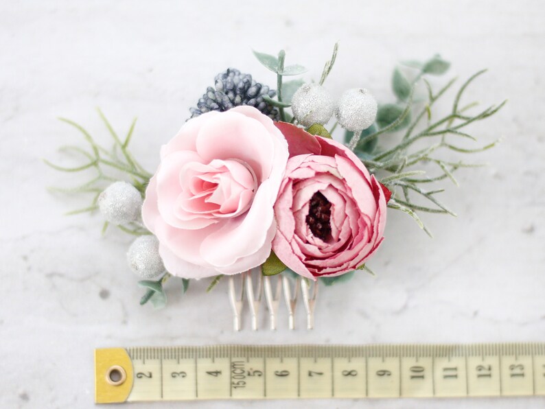 Blush bridal comb, peony hair comb wedding, vintage hair clip, comb boho wedding, blush hair comb, bridal pink comb, rustic hair comb image 2