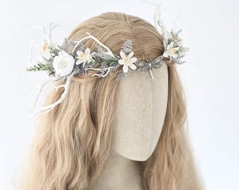 Dragonfly Elven Crown: Silver & White Fairy Queen Headpiece, Fantasy Wedding Circlet