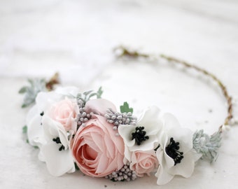 Peony Flower Crown, Blush Flower Crown, Tie Back Flower Crown, Bridal Flower Crown Wreath