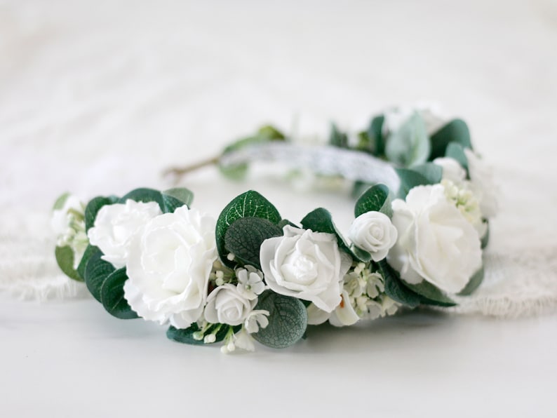 white rose flower crown White flower crown wedding silver dollar eucalyptus flower crown wedding floral crown
