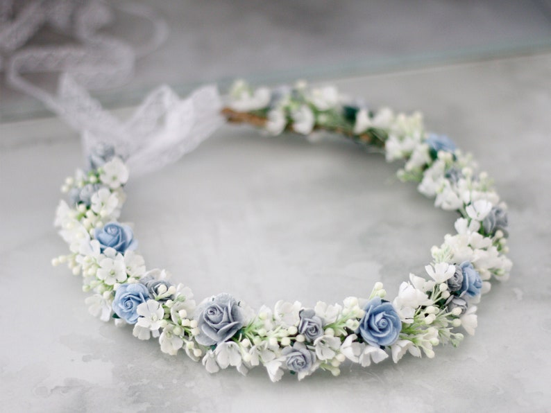 Dusty blue flower crown wedding, serenity flower crown bridal shower, flower girl halo, maternity shoot props, bridal flower wreath image 2