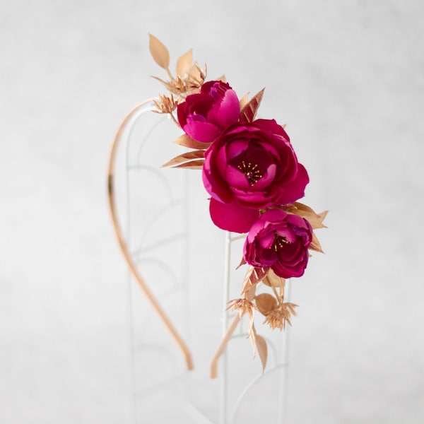 Fuchsia Flower Headband: Hot Pink & Gold Bridal Hairpiece