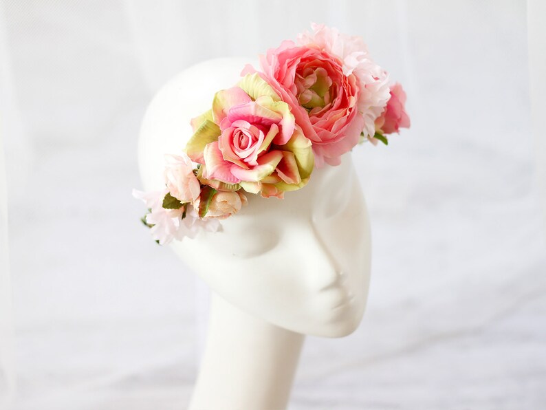 boho flower headband pink flower girl halo hair crown wedding Blush peony flower crown