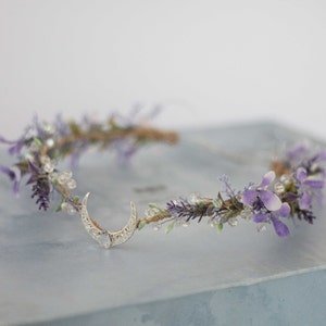 Crescent moon crown, elven headband, lavender fairy costume, wedding floral hairpiece crystal elven circlet, elf headpiece, flower girl halo
