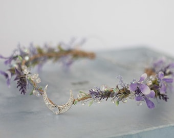 Crescent moon crown, elven headband, lavender fairy costume, wedding floral hairpiece crystal elven circlet, elf headpiece, flower girl halo