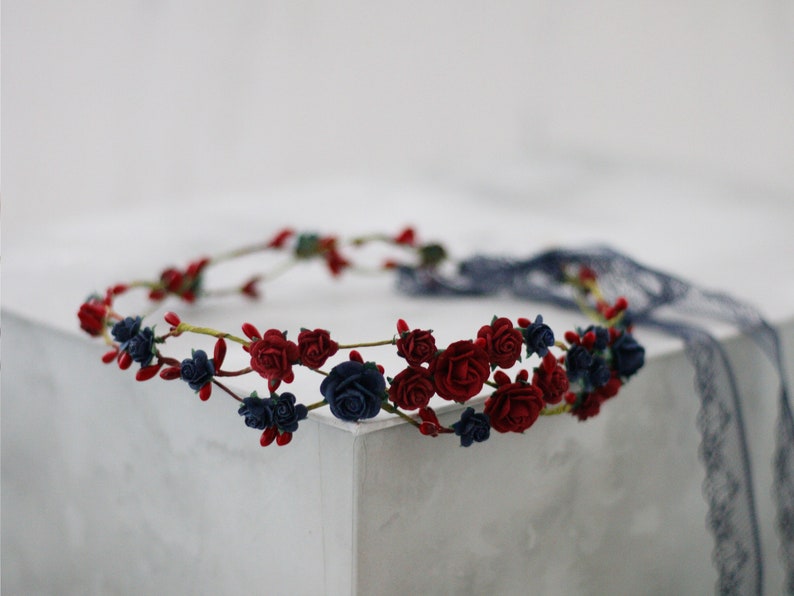 Burgundy navy blue flower crown wedding, rustic bride crown, bridal rustic crown, woodland floral crown, dark flower girl halo image 6