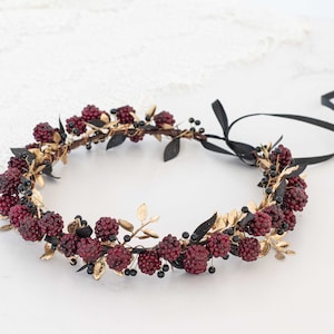 Gold burgundy flower crown, flower halo with raspberries, raspberry headband, golden flower headpiece, wedding hair wreath, dark flower halo image 1