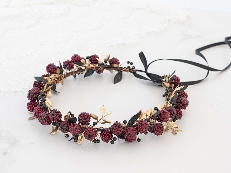 Gold burgundy flower crown, flower halo with raspberries, raspberry headband, golden flower headpiece, wedding hair wreath, dark flower halo image 1