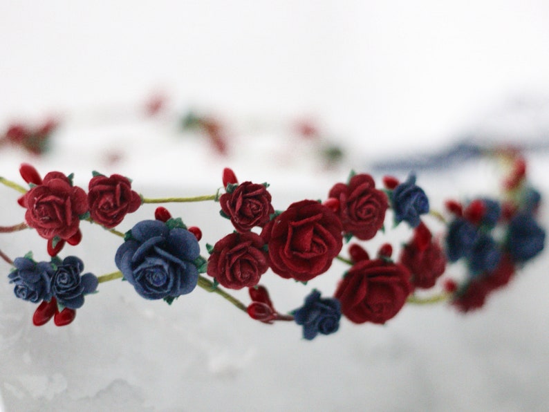 Burgundy navy blue flower crown wedding, rustic bride crown, bridal rustic crown, woodland floral crown, dark flower girl halo image 2