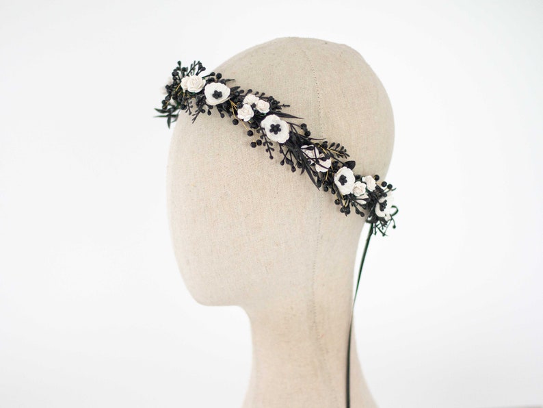 Black white flower crown wedding, dainty flower headband, dark hair crown headpiece, gothic goth wedding hairband, woman bridesmaid halo image 2