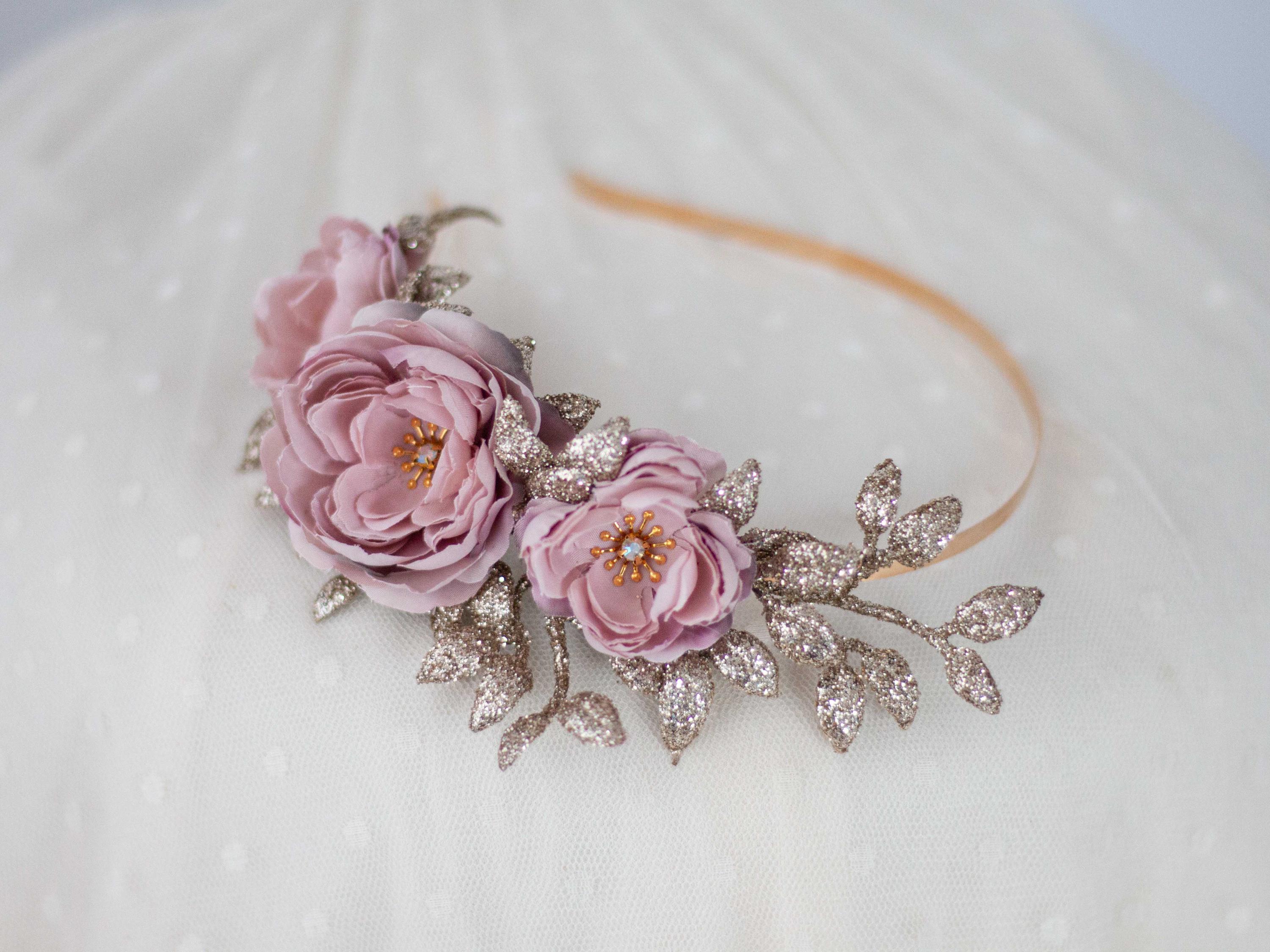 Gold Floral Pink Hairband Graci - Girls Ivory & Pink Shimmer Rose Hairband  main image 4