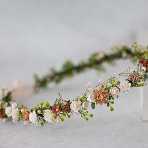 Brown beige flower crown wedding, neutral earthy tone flower hair wreath, crystal floral garland, bride boho headband, flower girl halo