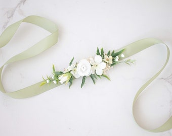 Flower belt for dress wedding, sage green flower sash for baby shower, white flower belt for pregnancy, flower girl belt and flower crown