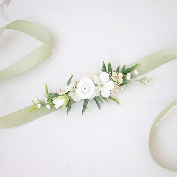 Flower belt for dress wedding, sage green flower sash for baby shower, white flower belt for pregnancy, flower girl belt and flower crown