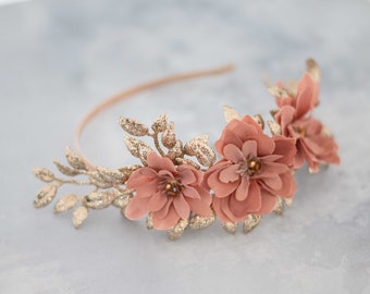 Gold leaf headband, gold dusty rose crown, glitter fascinator, gold leaves fascinator, goddess gold headband