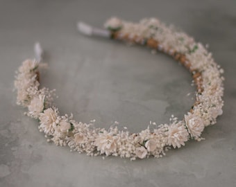 Dried baby's breath flower headband, dried flower crown, preserved floral crown, ivory off white flower headband, dried plant headpiece