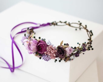 Purple flower crown wedding, lavender hair wreath, dark floral hair band, bride headpiece, rustic flower garland, bridal flower halo