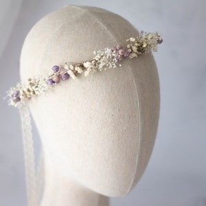 Dried flower crown for wedding, purple floral crown, baby breath headband, dainty flower headband, ivory lavender floral headband image 5