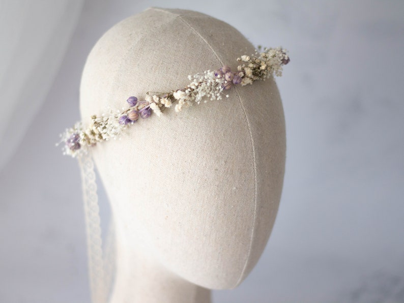 Dried flower crown for wedding, purple floral crown, baby breath headband, dainty flower headband, ivory lavender floral headband image 5