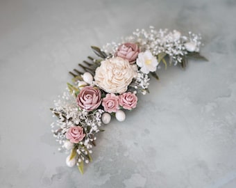 Dusty rose flower comb wedding, dried flower hair comb, baby's breath bridal comb, ivory flower comb, rustic floral hair comb