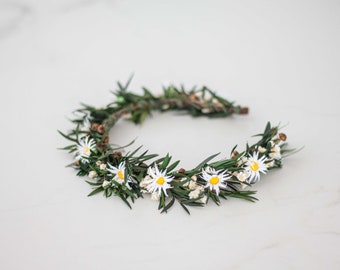 Daisy flower headband, dried flower hairband, preserved leaf crown wedding, greenery flower headpiece, bride bridesmaid flower girl halo