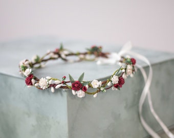 Burgundy white flower crown wedding, first holy communion hair wreath, dainty flower headband, bridesmaid flower girl halo, fine headpiece