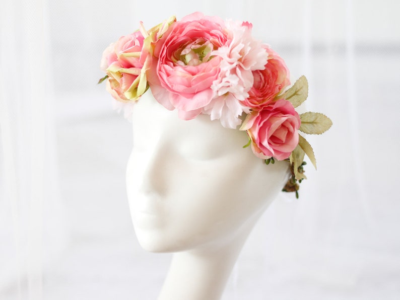 boho flower headband pink flower girl halo hair crown wedding Blush peony flower crown
