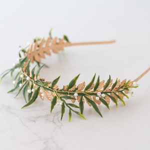 Gold green leaf headband, gold leaf crown, leaf headpiece, gold leaves fascinator, goddess gold headband, gold leaf wreath, golden headpiece