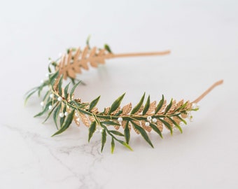 Gold green leaf headband, gold leaf crown, leaf headpiece, gold leaves fascinator, goddess gold headband, gold leaf wreath, golden headpiece