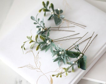 Set hair pins with eucalyptus leaves and faux pearls, set floral hair pins, flower bobby pins, wedding hair pin, greenery bridesmaid pins