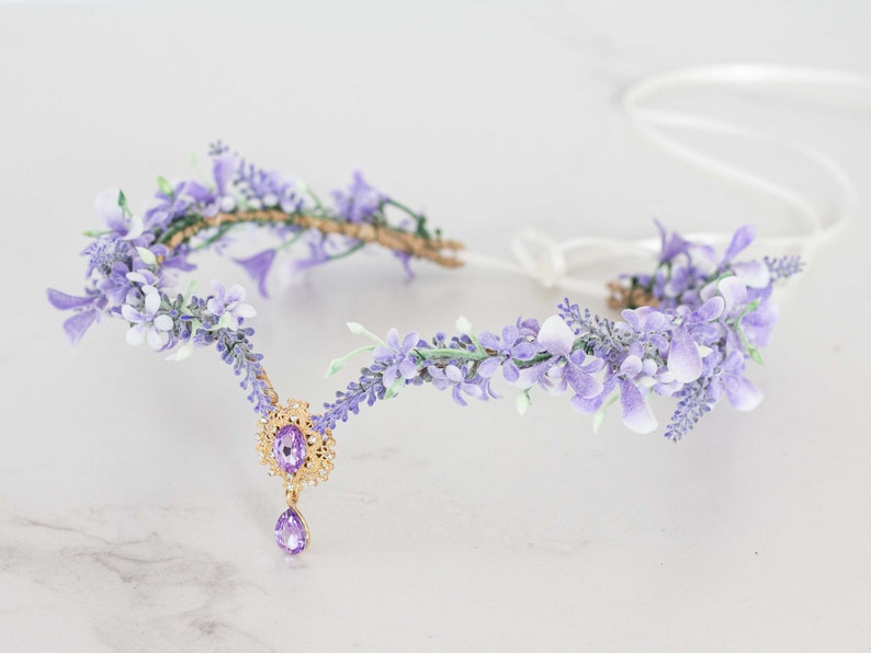 Lavender flower crown, light purple elven tiara wedding, lavender purple elf diadem for bride bridesmaids, fairy flower crown, flower halo image 1